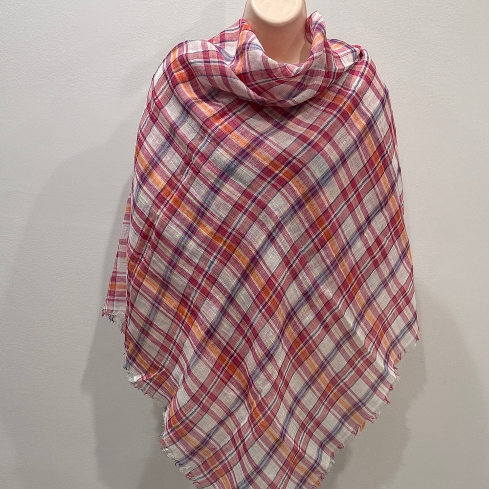 J. Crew Plaid Scarf Red Pink White Linen Cotton Square New